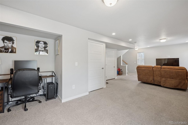 office area with recessed lighting, carpet, and baseboards