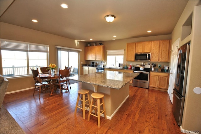 kitchen with dark wood finished floors, stainless steel appliances, a sink, and recessed lighting