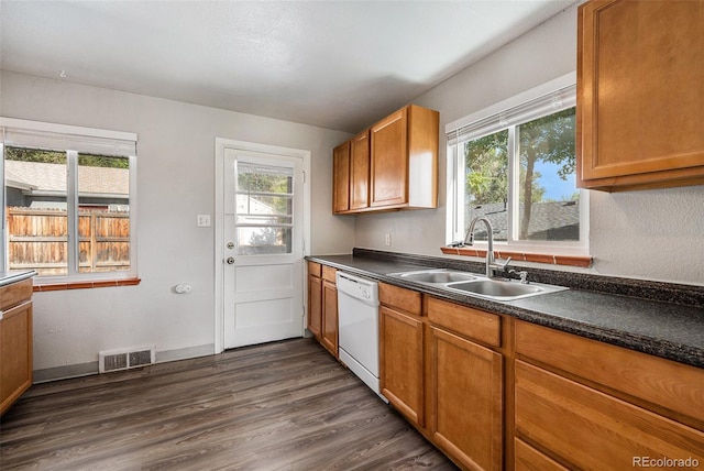 kitchen featuring dishwasher, plenty of natural light, sink, and dark hardwood / wood-style floors