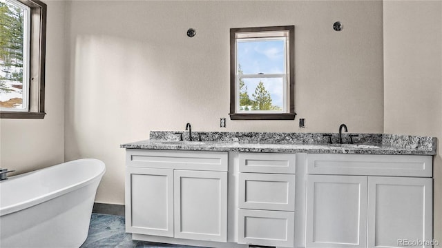 bathroom with vanity and a washtub