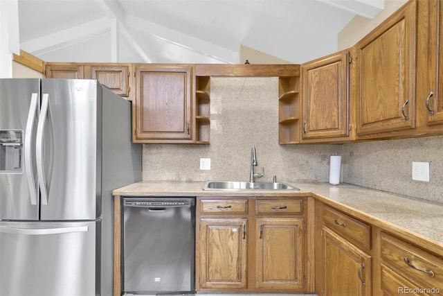 kitchen with a sink, open shelves, stainless steel fridge with ice dispenser, dishwasher, and vaulted ceiling with beams