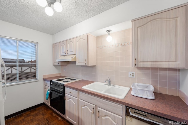 kitchen with electric range oven, dishwasher, light brown cabinets, sink, and backsplash