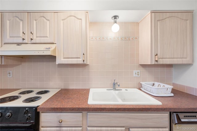 kitchen featuring light brown cabinets, sink, backsplash, range with electric stovetop, and stainless steel dishwasher