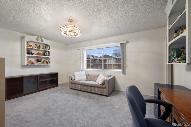 office featuring light carpet and a textured ceiling