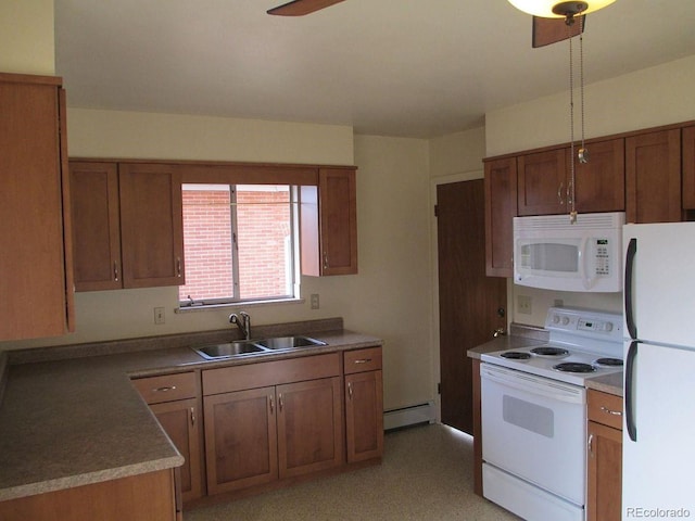 kitchen featuring a sink, ceiling fan, brown cabinets, white appliances, and a baseboard radiator