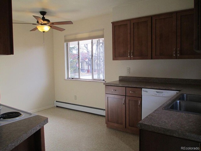 kitchen with a baseboard radiator, white dishwasher, ceiling fan, dark brown cabinets, and dark countertops