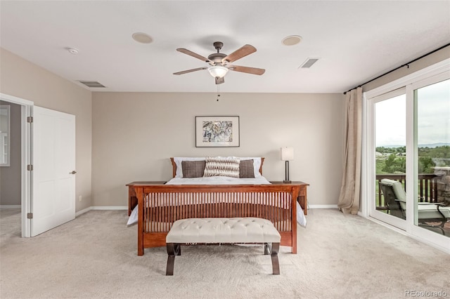 8993 Stonecrest Way, Highlands Ranch, CO 80129 - bedroom featuring access to exterior, light carpet, baseboards, and ceiling fan