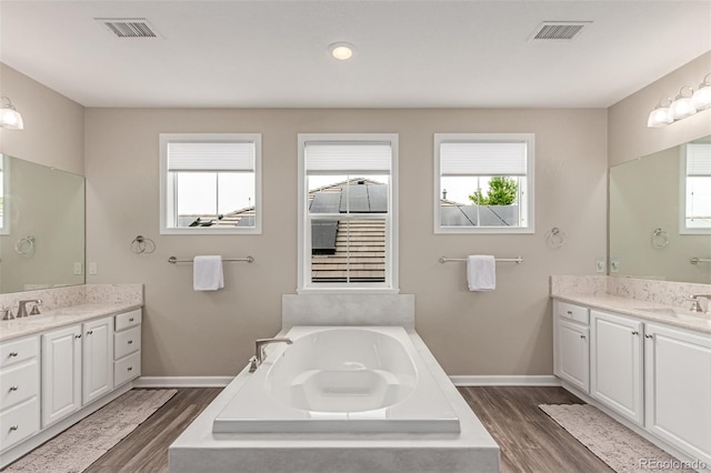 8993 Stonecrest Way, Highlands Ranch, CO 80129 - bathroom featuring wood finished floors, plenty of natural light, two vanities, and a bath