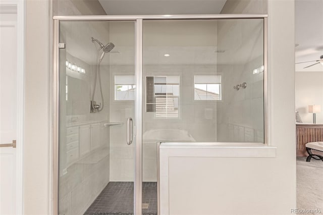 8993 Stonecrest Way, Highlands Ranch, CO 80129 - full bath with a shower stall and ceiling fan