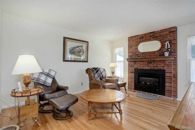 living room featuring wood-type flooring and a fireplace