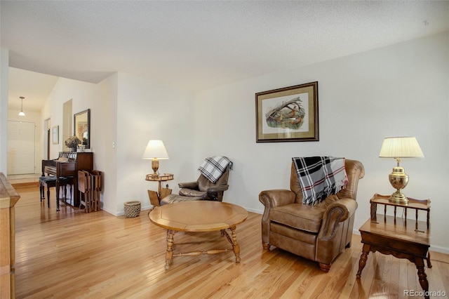 sitting room featuring light hardwood / wood-style floors, lofted ceiling, and a textured ceiling