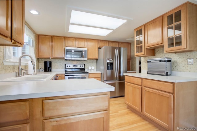 kitchen with light hardwood / wood-style flooring, stainless steel appliances, sink, and backsplash