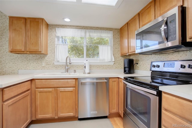 kitchen featuring appliances with stainless steel finishes, light hardwood / wood-style flooring, and sink