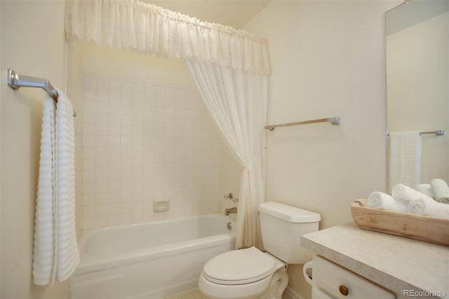 full bathroom with toilet, shower / bath combo with shower curtain, and vanity