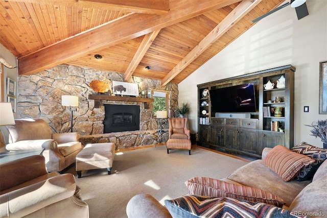 living room with a fireplace, high vaulted ceiling, wooden ceiling, and beamed ceiling