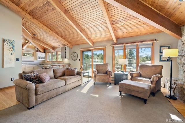 living room featuring beamed ceiling, wooden ceiling, high vaulted ceiling, and light hardwood / wood-style flooring