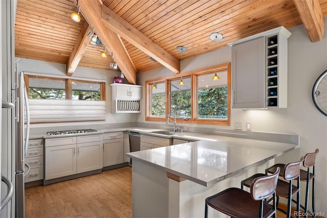 kitchen with kitchen peninsula, appliances with stainless steel finishes, light wood-type flooring, sink, and pendant lighting