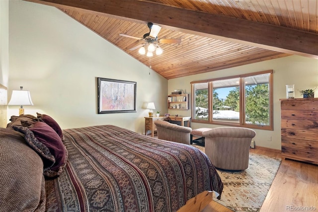 bedroom with vaulted ceiling with beams, ceiling fan, hardwood / wood-style floors, and wooden ceiling