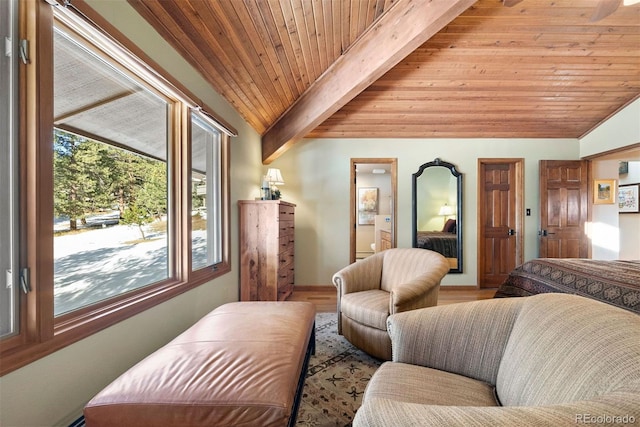 interior space featuring wood-type flooring, vaulted ceiling with beams, and wooden ceiling