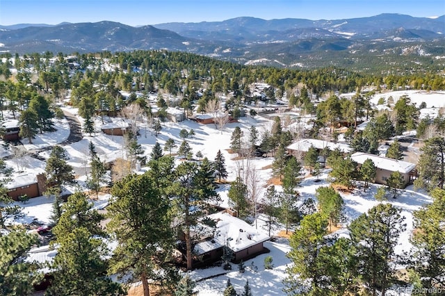 snowy aerial view featuring a mountain view