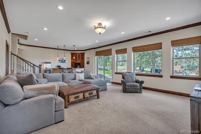 19336 Queens Crescent Way, Monument, CO 80132 - living room with crown molding, recessed lighting, light carpet, and baseboards