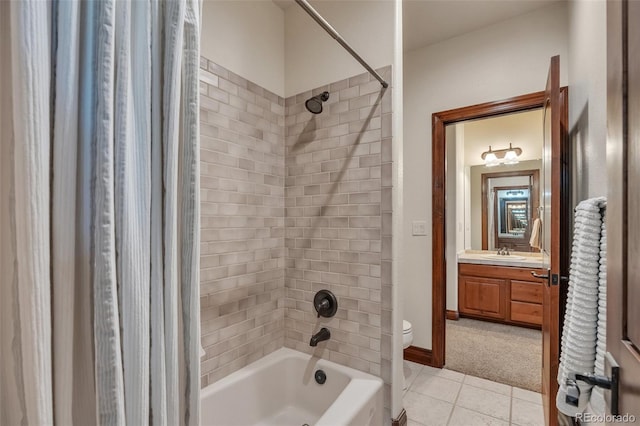 19336 Queens Crescent Way, Monument, CO 80132 - full bath featuring shower / bathtub combination with curtain, tile patterned flooring, toilet, vanity, and baseboards