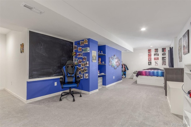 bedroom with recessed lighting, visible vents, carpet flooring, and baseboards