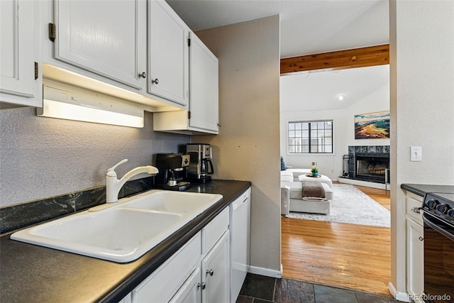 3105 Galileo Ln, Boulder, CO 80301 - kitchen with range, a sink, a premium fireplace, dark countertops, and open floor plan
