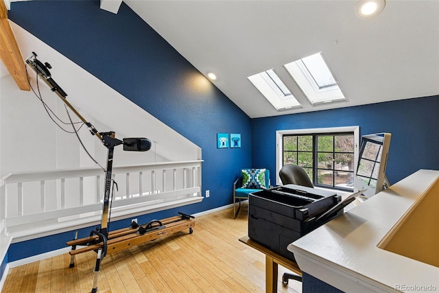 3105 Galileo Ln, Boulder, CO 80301 - exercise room with a skylight, lofted ceiling, wood finished floors, recessed lighting, and baseboards