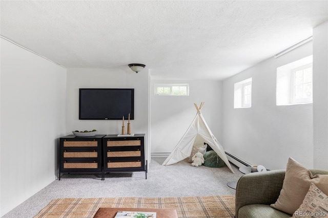 2895 S Sherman St, Englewood, CO 80113 - recreation room with carpet flooring, a textured ceiling, and a baseboard radiator