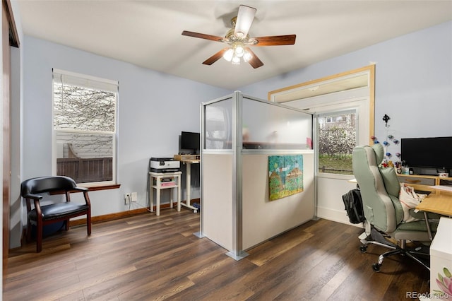 1831 Ashford Cir, Longmont, CO 80504 - office area featuring a ceiling fan, wood finished floors, and baseboards