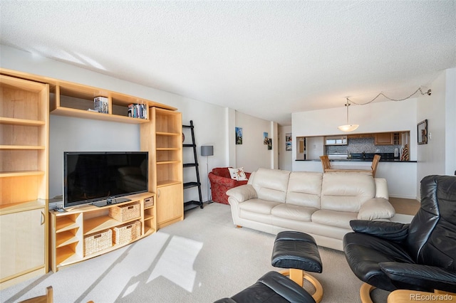 carpeted living room with a textured ceiling