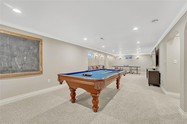 recreation room featuring light carpet, ornamental molding, and pool table