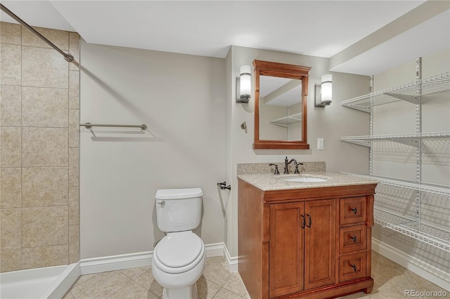 bathroom featuring toilet, a shower, tile patterned floors, and vanity