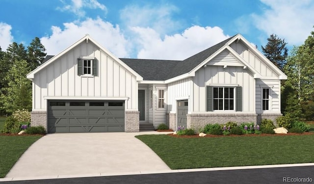 modern farmhouse featuring brick siding, concrete driveway, a garage, a front lawn, and board and batten siding
