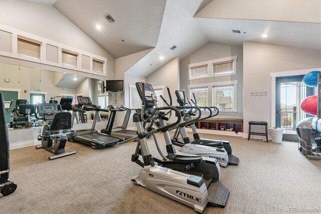 workout area with a healthy amount of sunlight, carpet floors, high vaulted ceiling, and visible vents