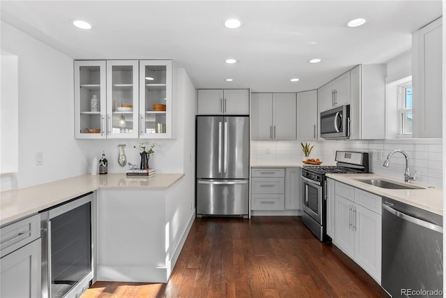 kitchen featuring sink, stainless steel appliances, dark wood-type flooring, wine cooler, and decorative backsplash