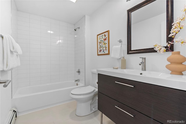 full bathroom with a baseboard radiator, tile patterned floors, toilet, vanity, and tiled shower / bath