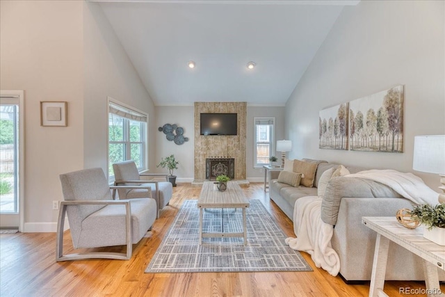 8167 S Wabash Ct, Centennial, CO 80112 - living room featuring high vaulted ceiling, wood finished floors, and a large fireplace