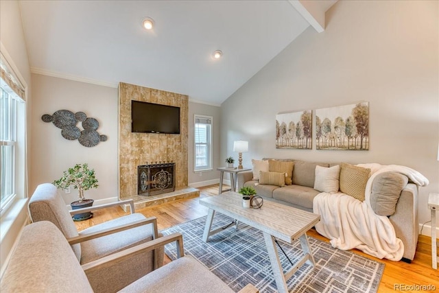 8167 S Wabash Ct, Centennial, CO 80112 - living area with wood finished floors, a large fireplace, high vaulted ceiling, ornamental molding, and beam ceiling