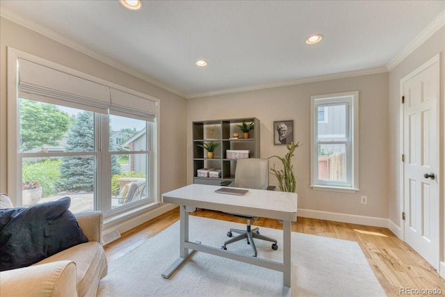 8167 S Wabash Ct, Centennial, CO 80112 - home office featuring plenty of natural light, crown molding, light wood-style floors, and recessed lighting