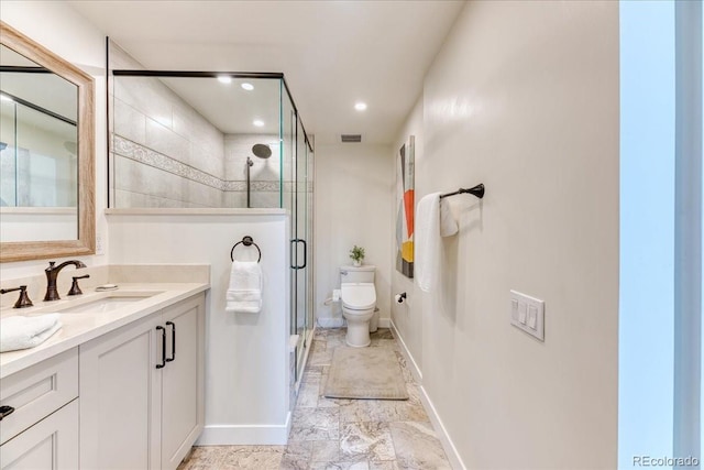 8167 S Wabash Ct, Centennial, CO 80112 - full bathroom with marble look tiles, vanity, a stall shower, and recessed lighting