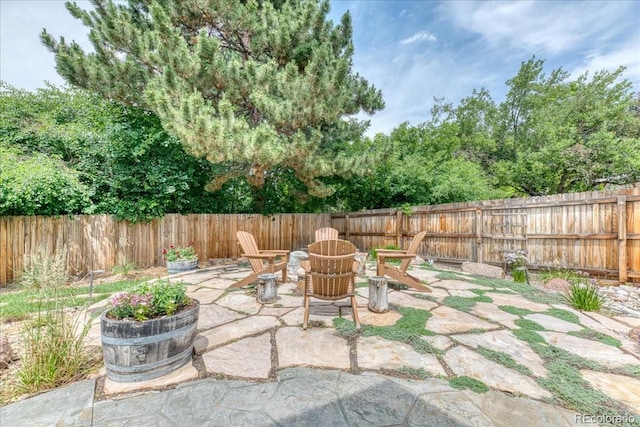 8167 S Wabash Ct, Centennial, CO 80112 - fenced backyard featuring a patio area and an outdoor fire pit