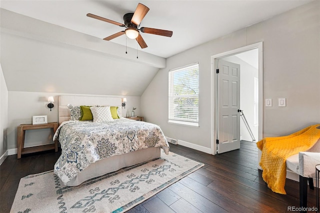 bedroom featuring vaulted ceiling, hardwood / wood-style floors, baseboards, and a ceiling fan