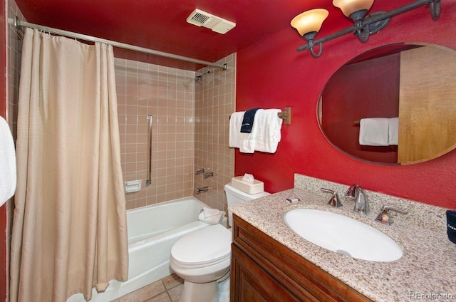 full bathroom featuring vanity, shower / bath combo, tile patterned flooring, and toilet