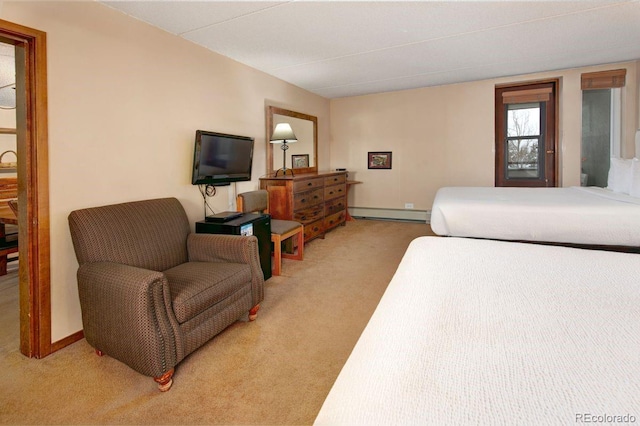 bedroom featuring light colored carpet and a baseboard radiator