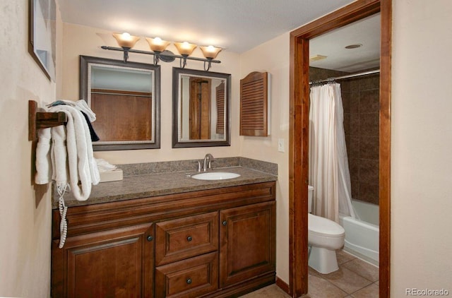 full bathroom with toilet, vanity, shower / bath combo, and tile patterned floors