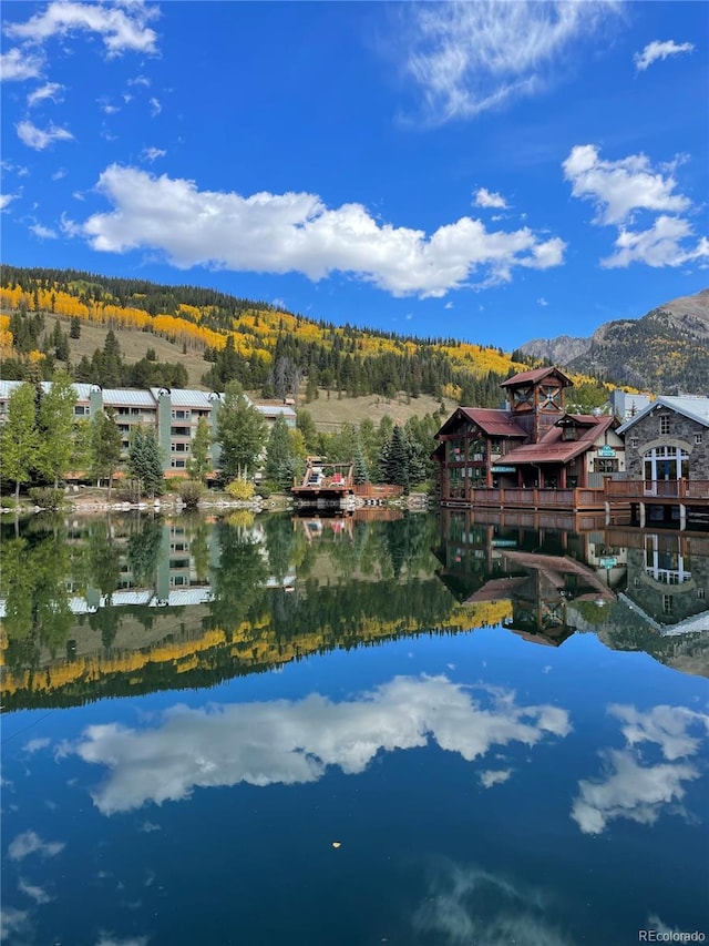 birds eye view of property featuring a water and mountain view