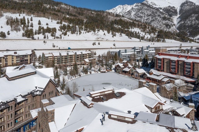 snowy aerial view featuring a mountain view