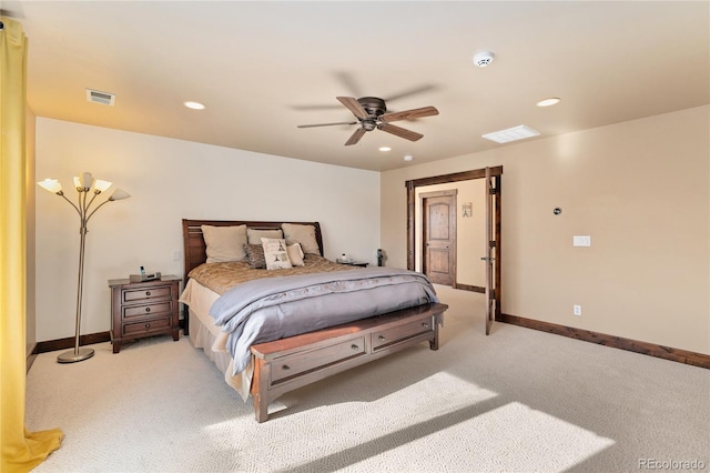 bedroom featuring light colored carpet, baseboards, recessed lighting, and ceiling fan